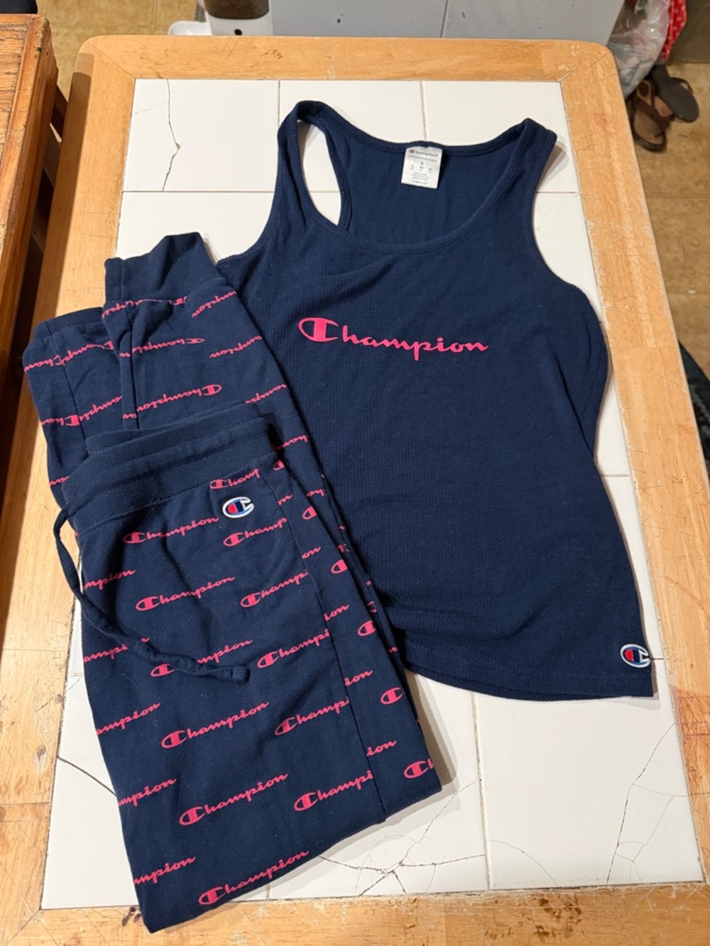 Champion Navy Tank and Joggers with Pink Script Logo